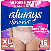 Always Discreet Adult Diapers for Women, Incontinence Underwear, Drier Than Depends, Postpartum Essentials, Disposable Briefs, Max Absorbency, Bladder Leak Protection, Extra Large/XL, 15ct