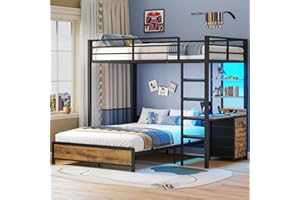 ADORNEVE Twin Over Full Bunk Bed with Desk, Bunk Beds Twin Over Full Size with Charging Station & Led Lights, Storage Drawers & Shelves, Loft Bed with Safety Guardrail & Ladder for Kids/Teens, Black