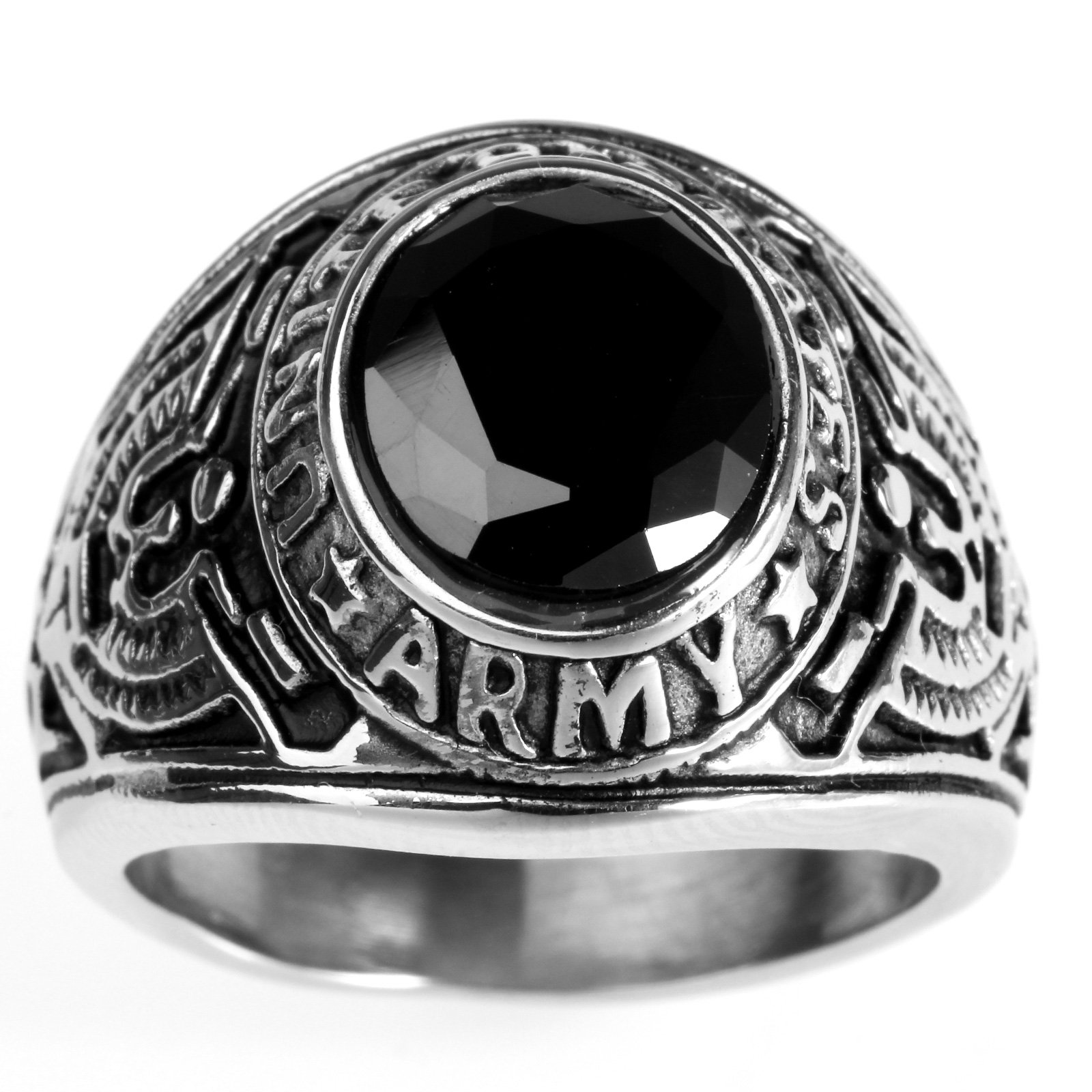 HAMANY Vintage Jewelry Men's Stainless Steel CZ Ring Hawk Eagle US Army,Size Z