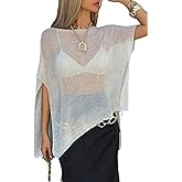 GORGLITTER Women's Sheer Poncho Top Cropped Crochet Coverups Tops Shawl Beach Coverups Summer Vacation Outfits