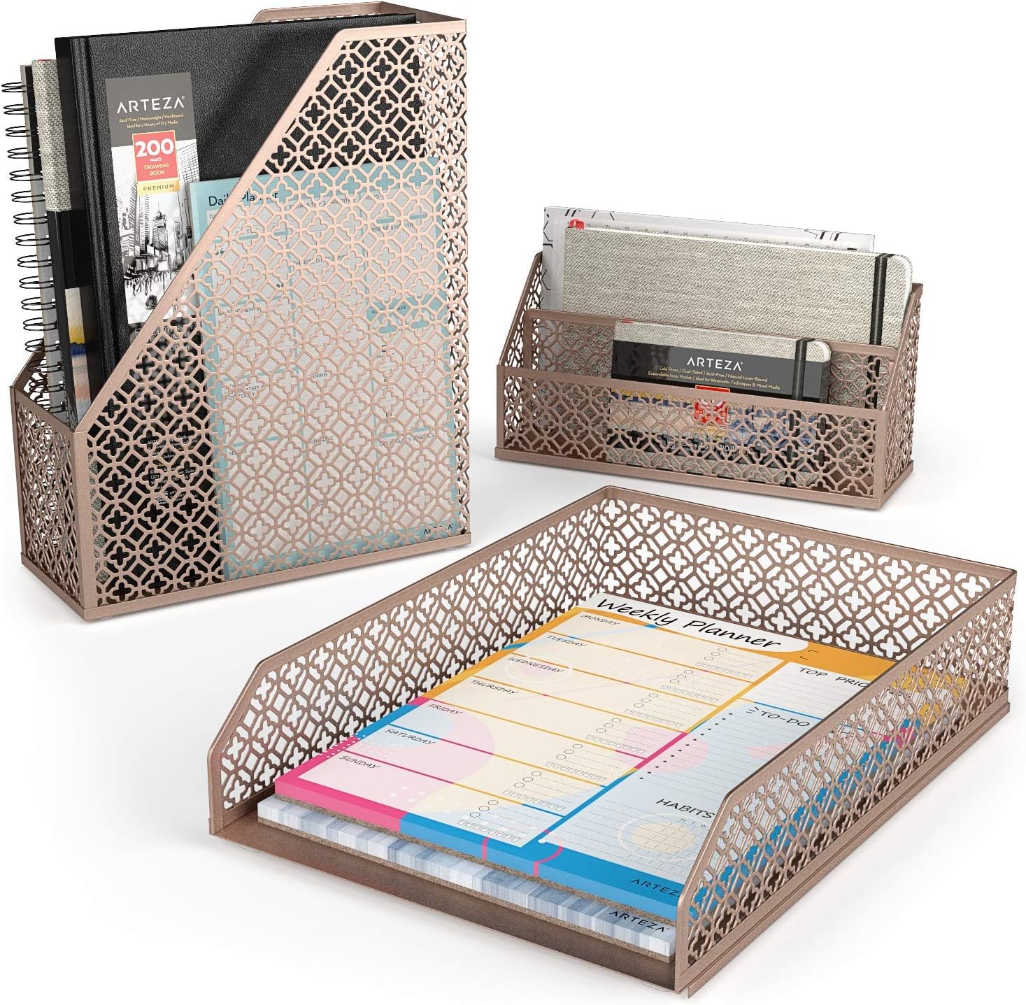 Arteza Desk Organizer Accessories Set in Rose Gold, 6-Piece Includes Pencil Cup Holder, Letter Sorter, Letter Tray, Magazine Holder, Name Card Holder, Sticky Note Holder for Home or Office : Office Products