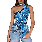 GERT COREL Women's One Shoulder Floral Top, Sexy Tie Neck Sleeveless Blouse, Slim Fit Scarf Neck Going Out Summer Tank Tops