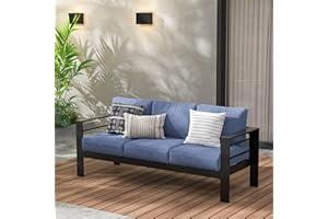 Wisteria Lane Patio Furniture Aluminum Sofa, All-Weather Outdoor 3 Seats Couch, Black Metal Chair with Blue Cushions
