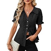ECOWISH Women's Button Down Shirt - Peter Pan Collar Cotton Blouse Summer Dressy Short Sleeve Loose Fit Work Tops