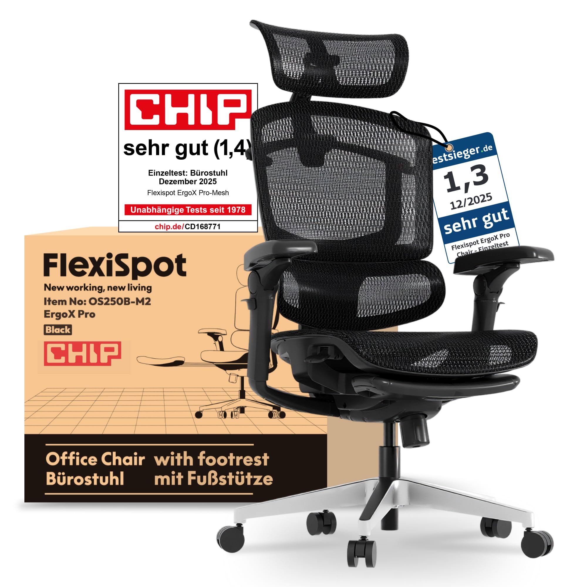 FLEXISPOT ErgoX Pro Ergonomischer Bürostuhl mit ausziehbarer Fußstütze, 12-stufiger Höhenverstellung, 7D-Armlehnen, 5D-Lendenstütze, 4D-Kopfstütze, 250 kg Belastbarkeit Netzsitz (Schwarz)