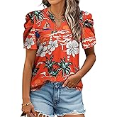 Ezcosplay Women Puff Sleeve Tops Floral Hawaiian Shirt Notched V Neck T-Shirt Casual Tropical Outfits