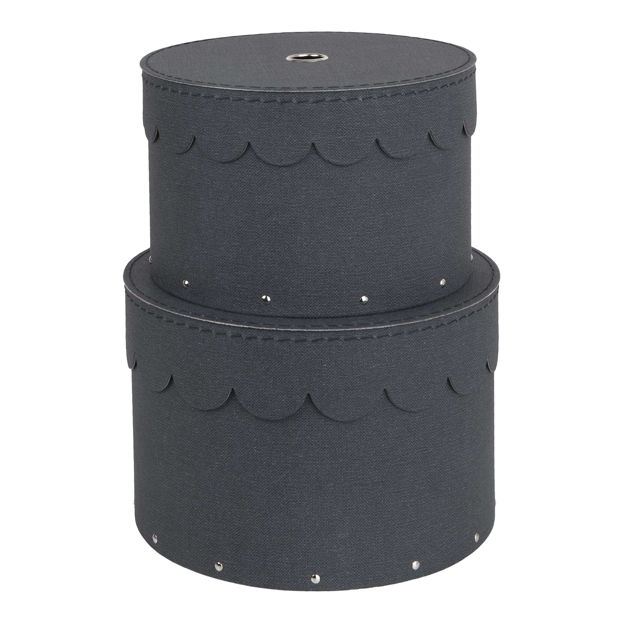 Bigso Box of Sweden Set of 2 Storage Boxes - Round Storage Box with Wavy Lid Design - Large and Small Hat Box Duo Made of Fibreboard and Paper in Linen Look - Black
