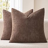 EMEMA Pack of 2 Decorative Chenille Throw Pillow Covers 20x20 Inch Soft Neutral Farmhouse Textured Cushion Cases with Zipper for Couch Sofa Bedroom Living Room Home Decor, Chocolate