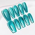 Sun&Beam Nails Handmade Press-On Medium Long Coffin Ballerina with Nile Blue Cat Eye Design Charm Cute False Nail Tips 10 Pcs (#84 XS)