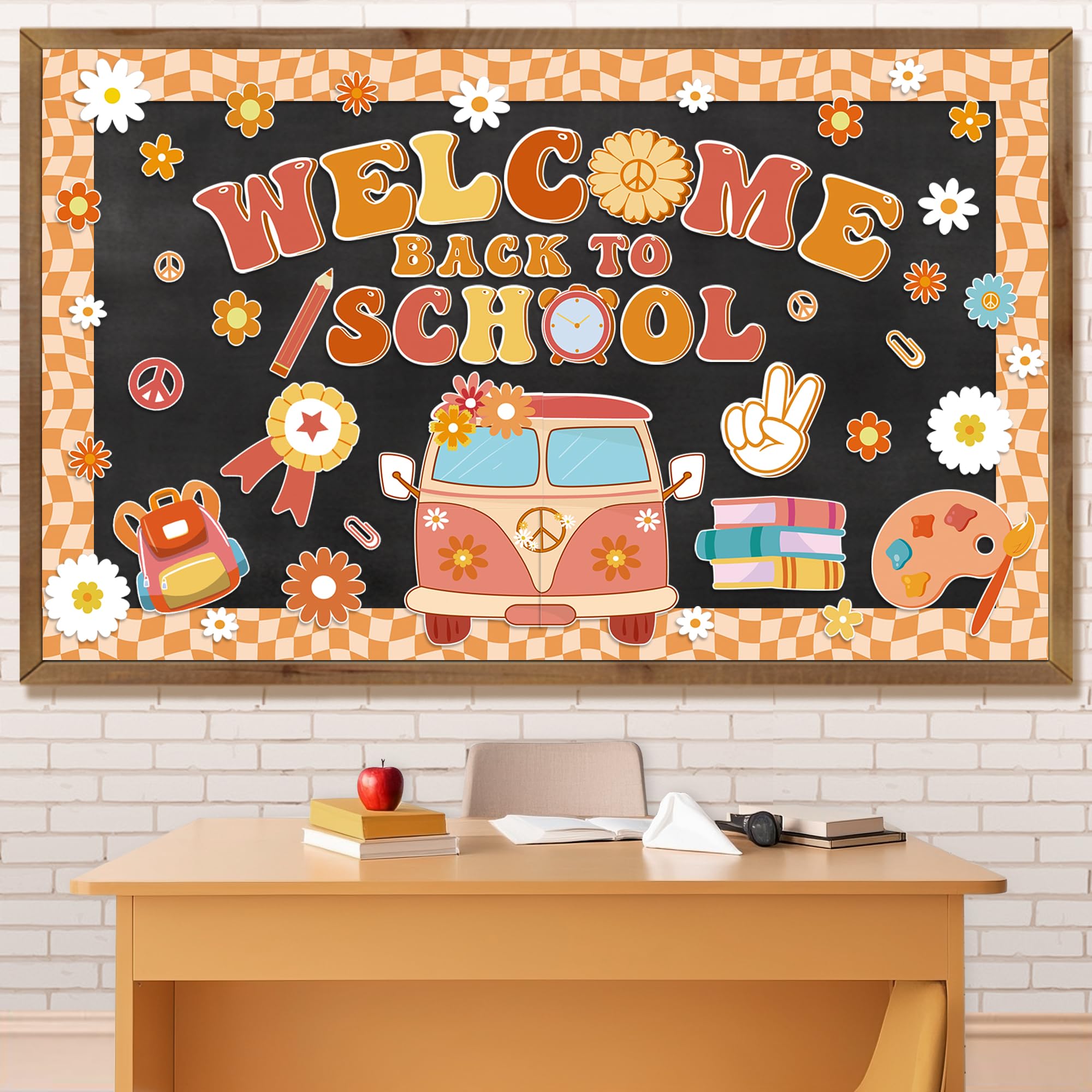 Photo 1 of Aneco Retro Boho Welcome Back to School Bulletin Board Decorations Groovy Classroom Decoration Cutouts Motivational Pencil Bus Schoolbag Paper Cutouts for Kindergarten Preschool Wall Door Decor