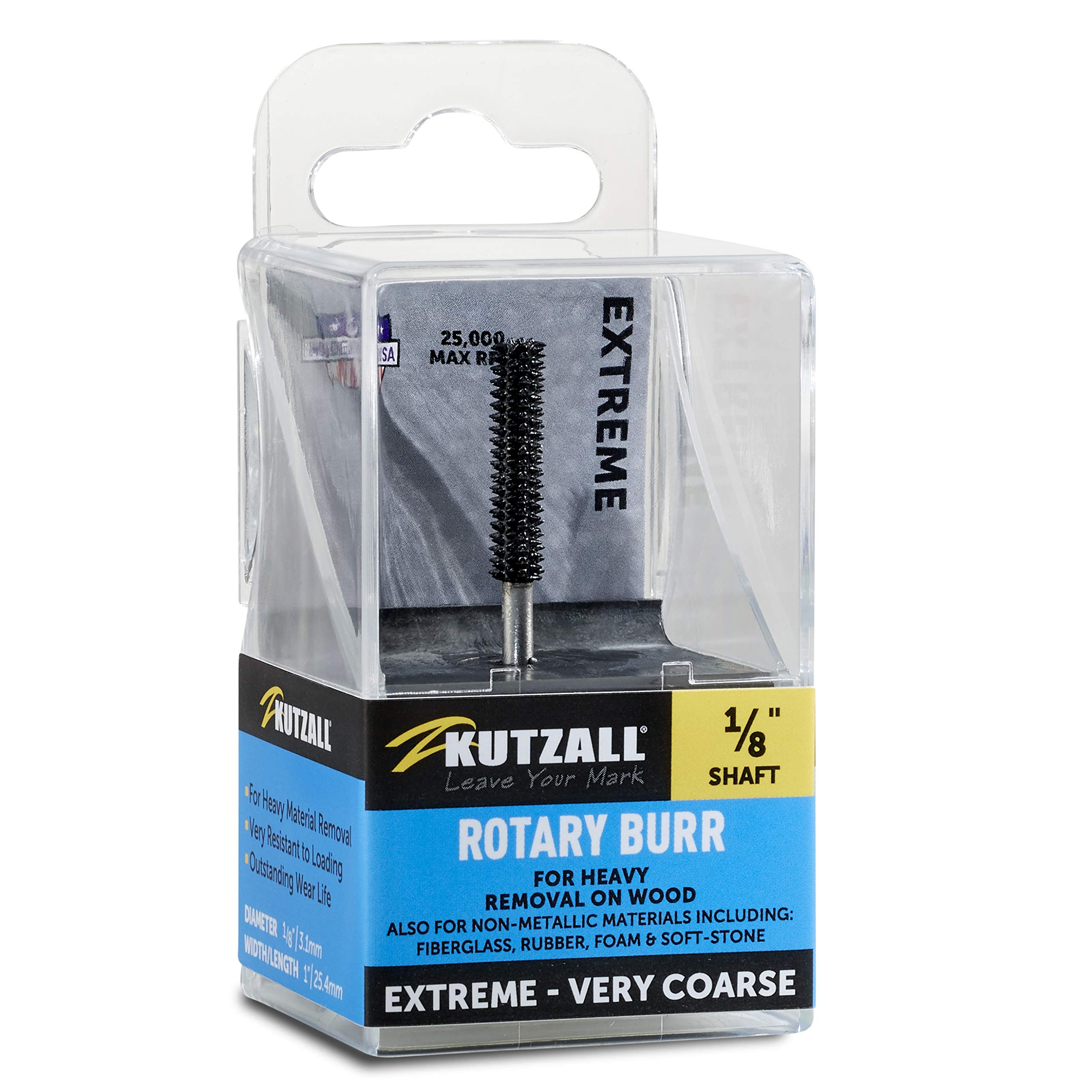Kutzall Extreme Cylinder Burr, 1⁄8" Shaft, Very Coarse - Woodworking Attachment for use with Dremel, Foredom & Milwaukee. Abrasive Tungsten Carbide, 1⁄8" (3.1mm) Dia. X 7⁄8" (22.2mm) Length, CX-18-EC