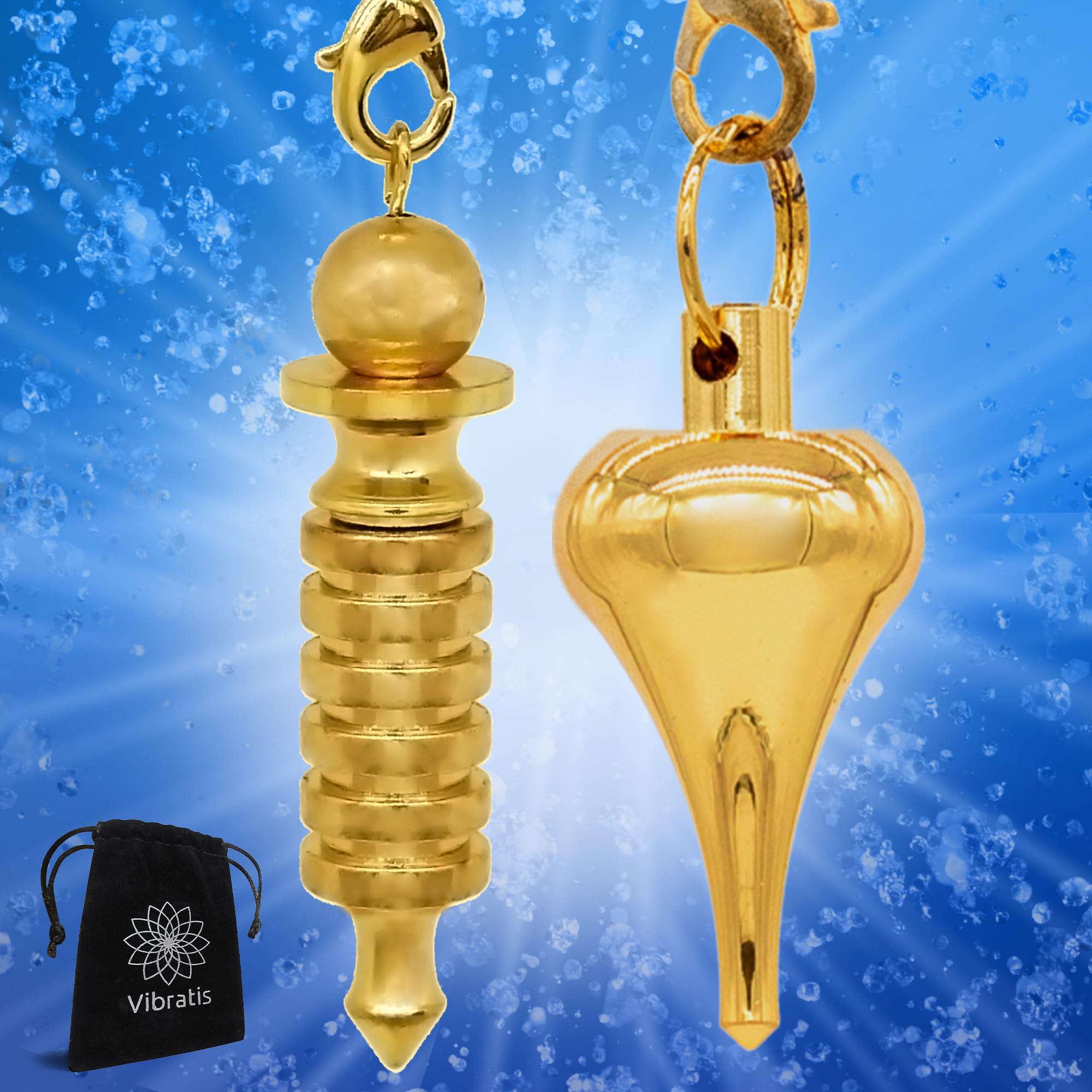 Vibratis - Pack Divinatory Radiesthesia Pendulum x2 Golden Water Drop & Egyptian ISIS Pendulum (Geobiology, Care, Reiki, Divination, Radionic...)