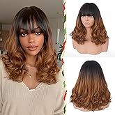 Sidaila Wig with Bangs for Women | 16 Inch Layered Body Wave Synthetic Wig | Heat Resistant Yaki Fiber Natural Looking Shoulder Length Wigs | Synthetic Wig for Daily Wear - Ombre Black to Copper Brown