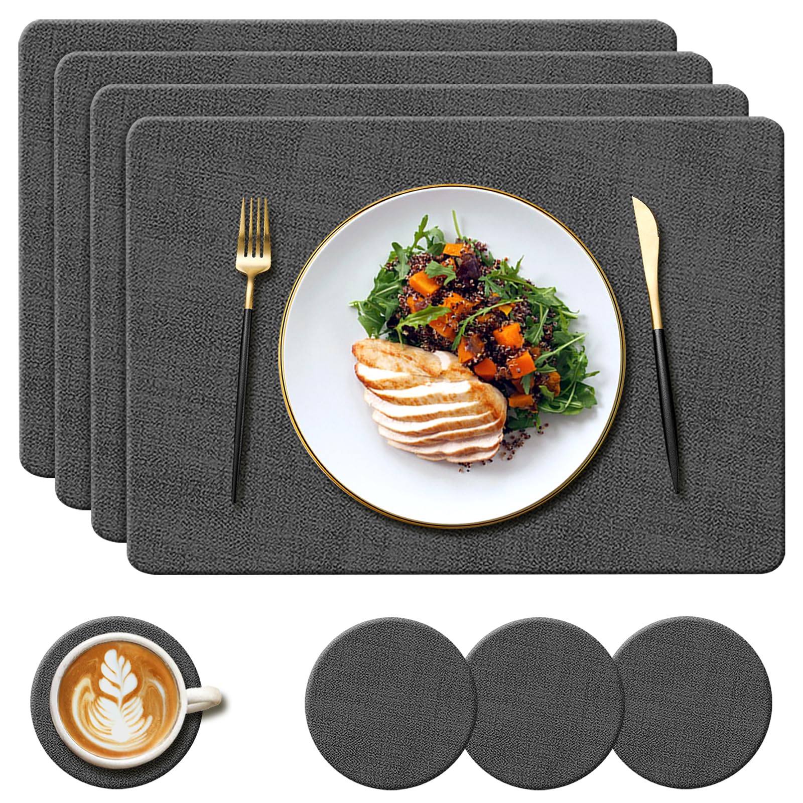 YUNJUER 4 Leather Place Mats and 4 Round Coasters Set, Heat-Resistant 212 °F Placemats, Non-Slip and Waterproof, PU Table Mats for Kitchen Indoor, Outdoor Glass Dining Table, 43x30cm, (Black)
