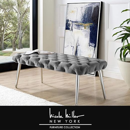 Amazon Com Claude Grey Chrome Velvet Bench Home Kitchen