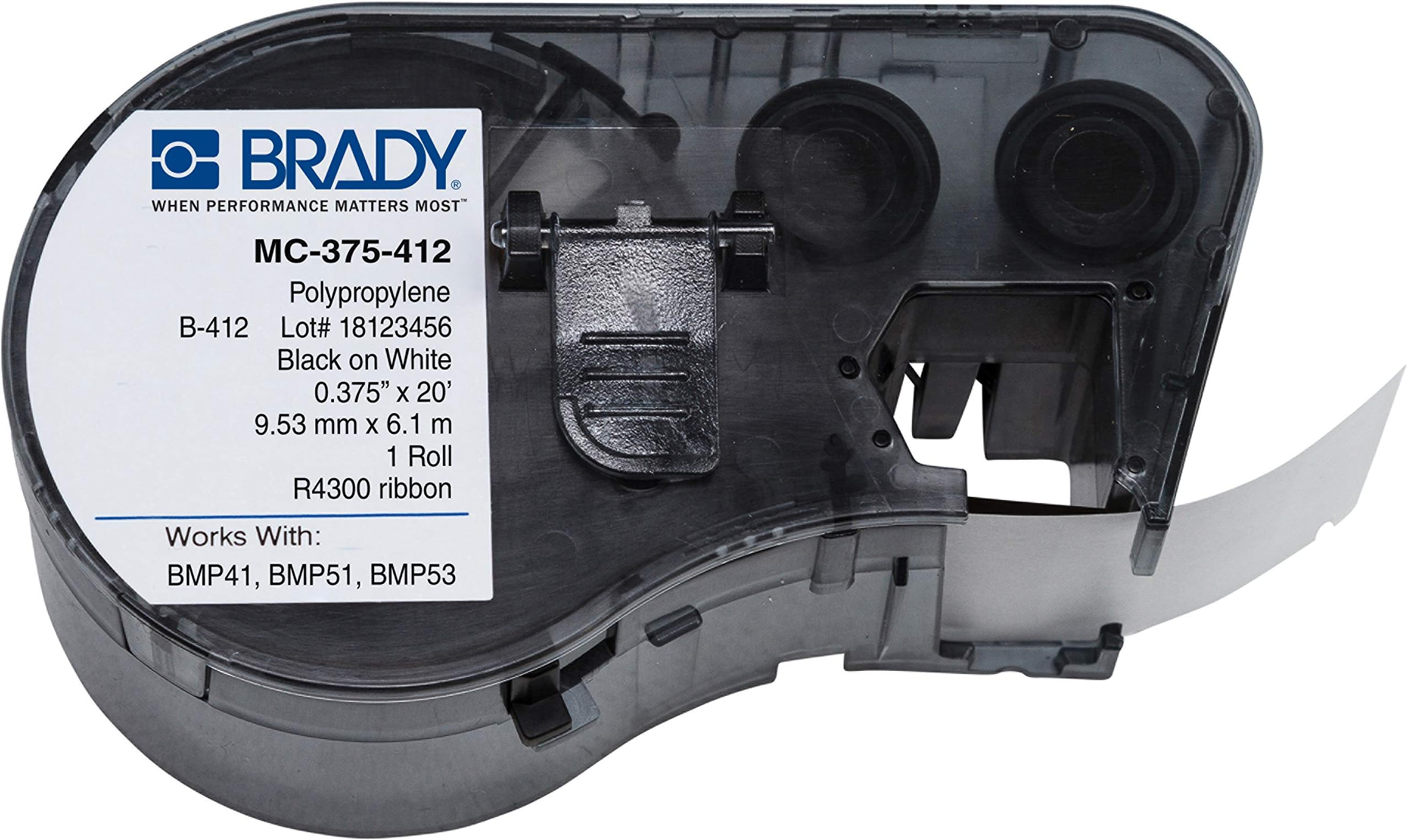 Brady MC-375-412 Polypropylene B-412 Black on White Label Maker Cartridge, 20' Width x 3/8" Height, For BMP51/BMP53 Printers