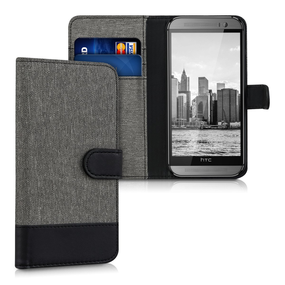 kwmobile Wallet Case Compatible with HTC One M8 / Dual - Fabric and Faux Leather Phone Flip Cover with Slots - Grey/Black