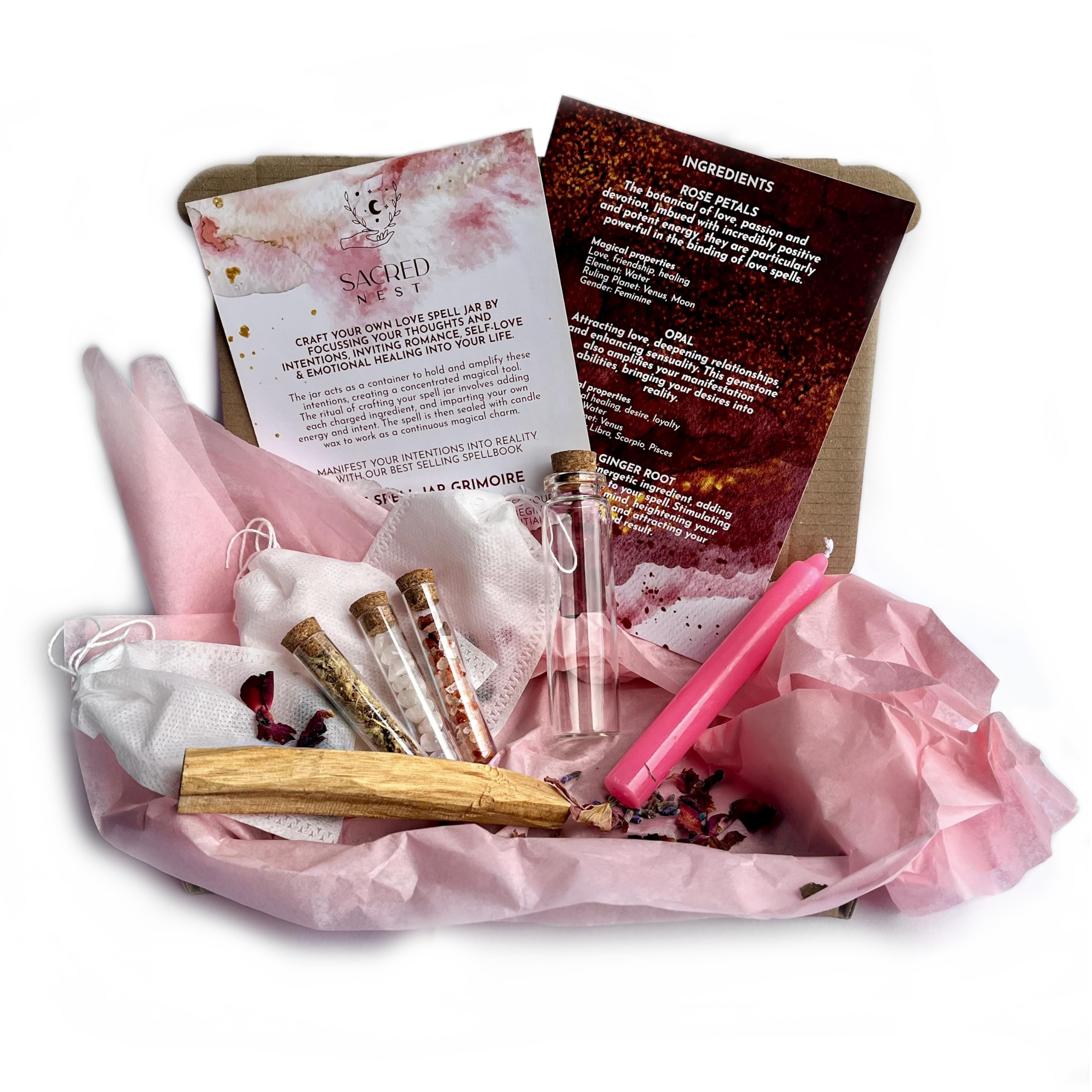 Sacred Nest Witchcraft Love Spell Jar Kit | Complete DIY Set with Glass Jar, Spell Candle, Crystals, and Herbs for Wiccan, Pagan, and Witchcraft Rituals | Ideal Witchy Gift & Witch Starter Kit