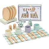 KizKnows Wooden Toy Dish Set Toddler Plates and Cutlery Set Children's Kitchens Accessories Kids Role Play Food Gift for Girls and Boys