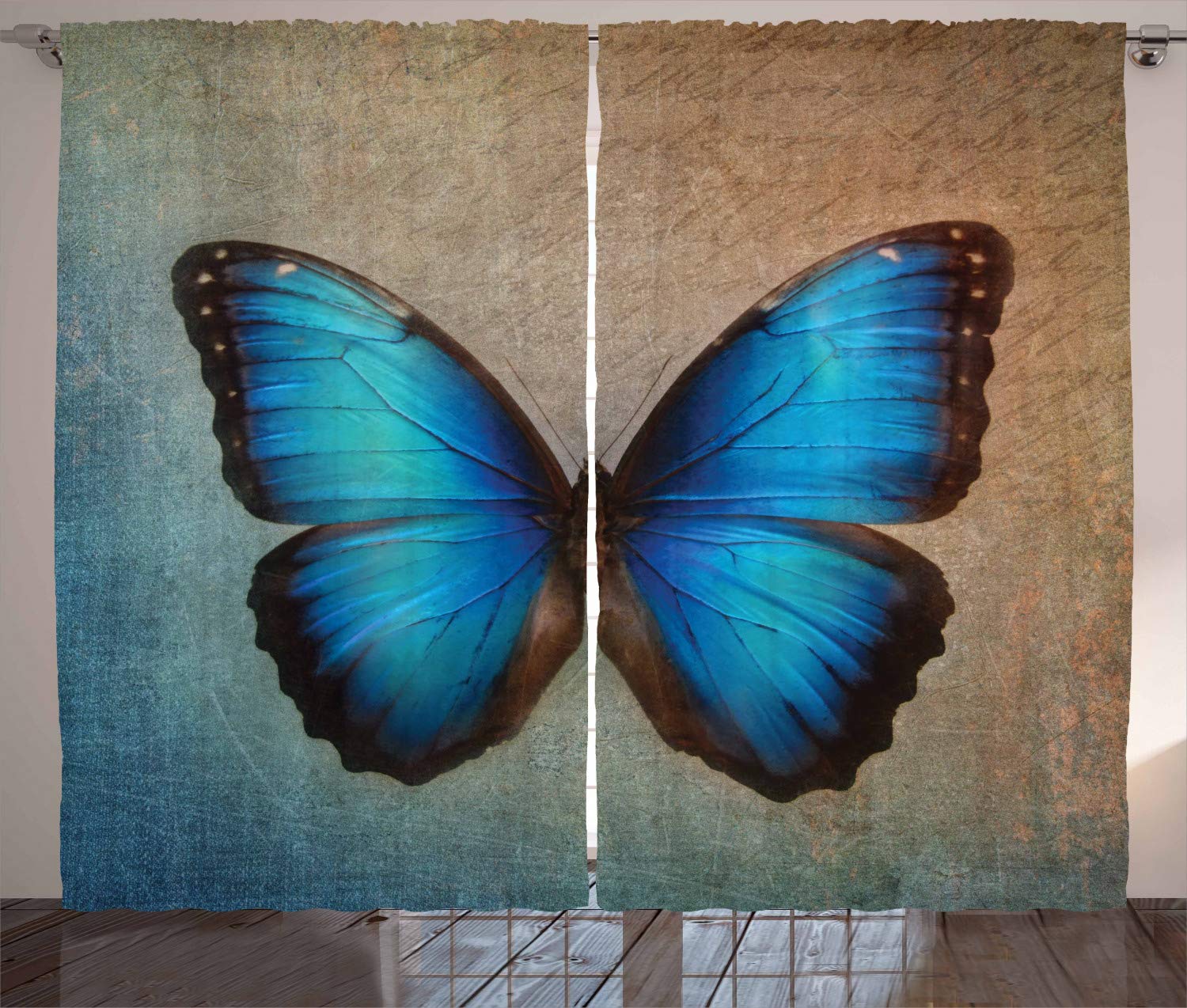 ABAKUHAUS Beige Curtains, Butterfly Vintage British Grunge Victorian on Weathered Looking Background Spring, Living Room Bedroom Window Drapes 2 Panel Set, 89 L X 110 W, Multicolor