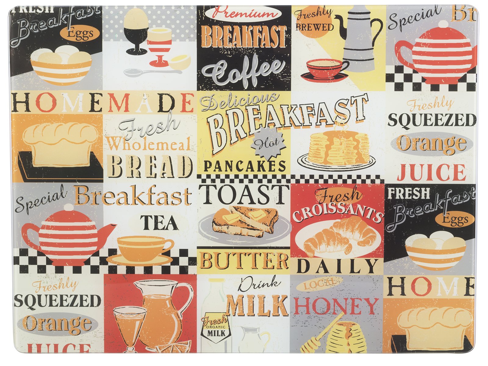 Everyday Home Glass Worktop Saver, Kitchen Surface Protector, 40 x 30cm, “Retro Breakfast”