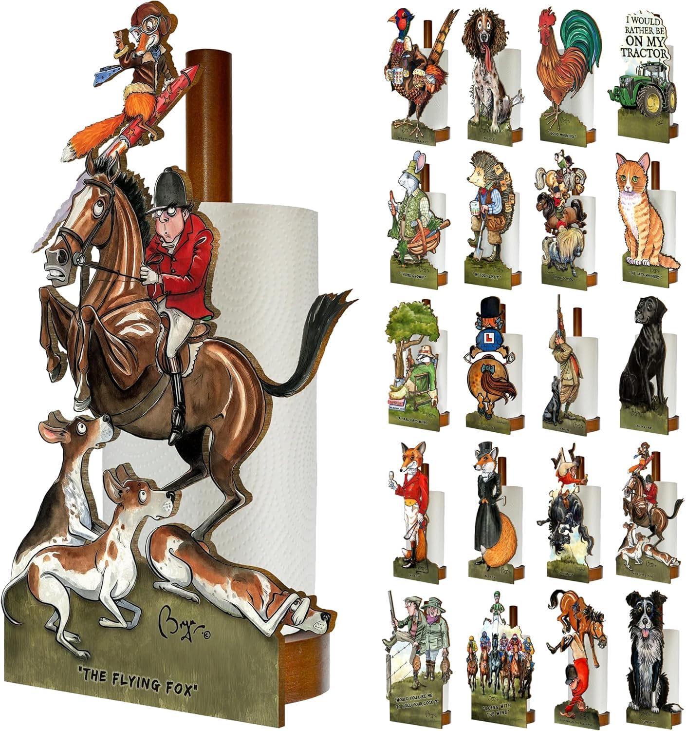 Looprints Fun Toilet Roll Storage & Kitchen Towel Holder Wooden Stand | Bryn Parry Equestrian Art | Novelty Kitchen & Bathroom Decor & Accessories | A Great Gift Idea For Fans Of Foxes,Horse & Hounds. — image 1