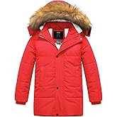 CREATMO US Boy's Sherpa Long Parka Winter Coat Thicken Water Repellent Puffer Jacket With Removable Faux Fur Hood