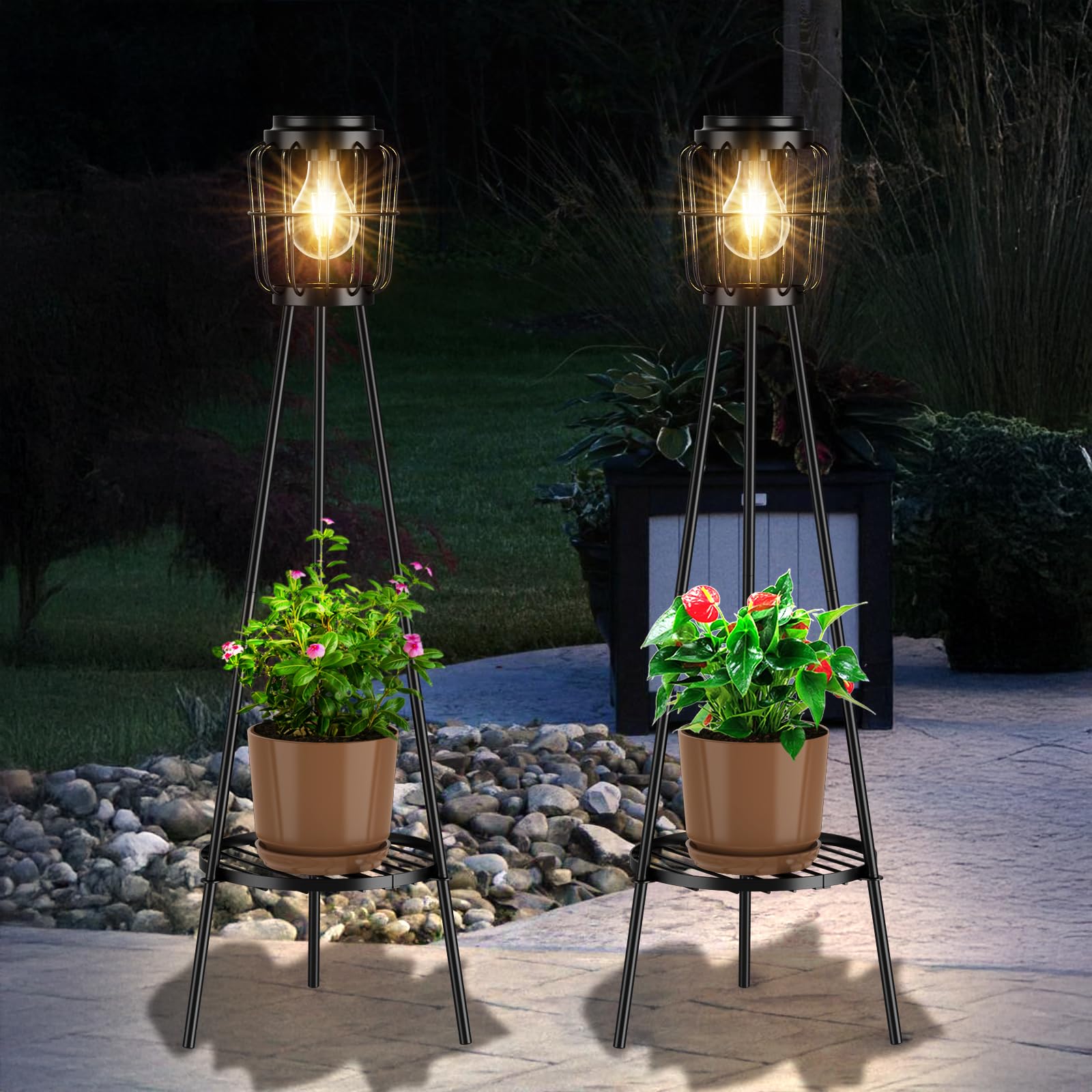 Photo 1 of MXwcy 2 Pack Solar Lights Outdoor with Plant Stands, Solar Floor Lamp with LED Edison Bulbs for Garden Yard Pathway Driveway Front/Back Porch Decoration