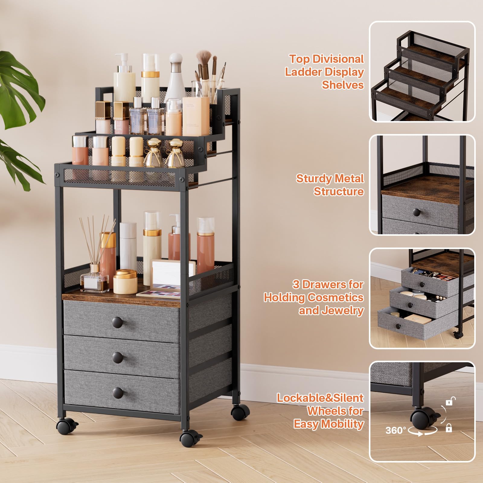 FURFUN Display Riser Stand Perfume Cologne Organizer, Rolling Makeup Storage Cart with Fabric Drawers, Floor Vanity Cosmetics Display Cases for Skin Care Nail Polish Figures Rustic Brown Ladder Stand
