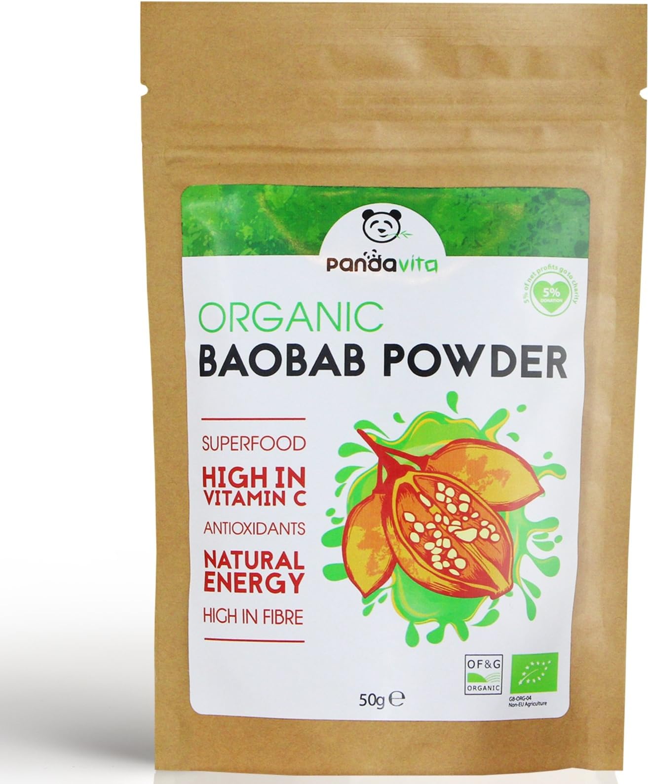 PandaVita Organic Baobab Powder 50g - African Baobab Superfruit Powder, High Fiber Food, Raw Fruit High In Vitamin C, Vegan Food, Healthy Superfood Powder, Powerful Antioxidant Fruit, Best Source Of Calcium Rich Food