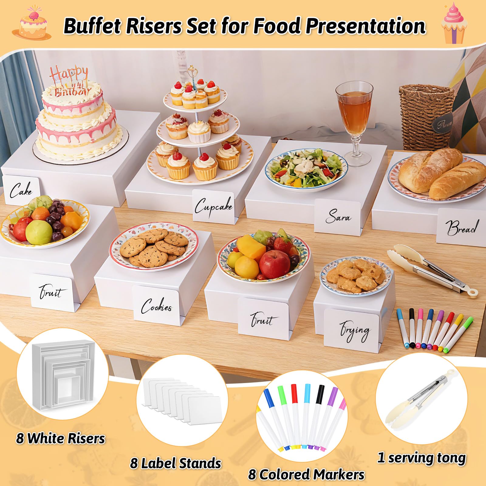 Condition photo showing New/Like New for billbotk 8 pieces white buffet risers with label stands, serving tong and markers for party, display