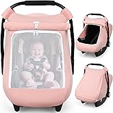 Rquite Car Seat Cover Baby, Carseat Covers Girl Boy, Breathable Muslin Cotton, Large Mesh Window, Infant Car Seat Canopy Baby Carrier Cover Stroller Sun Shade for Summer & Hot Day, Pink