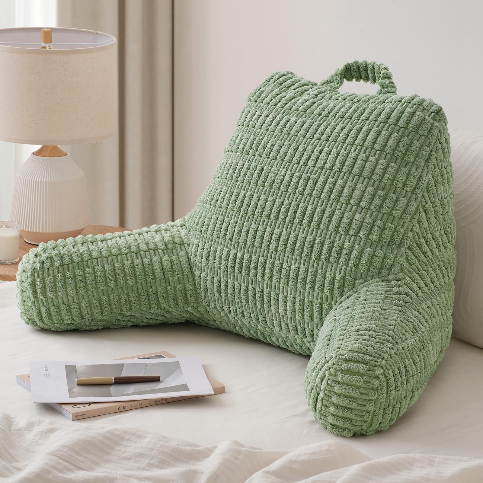 Photo 1 of Blissful Diary Reading Pillow, Large Backrest Pillow with Shredded Memory Foam for Adult & Children, Designed for Bed and Couch Sitting Up, Includes Arms, Pockets and Washable Cover, Sage Green