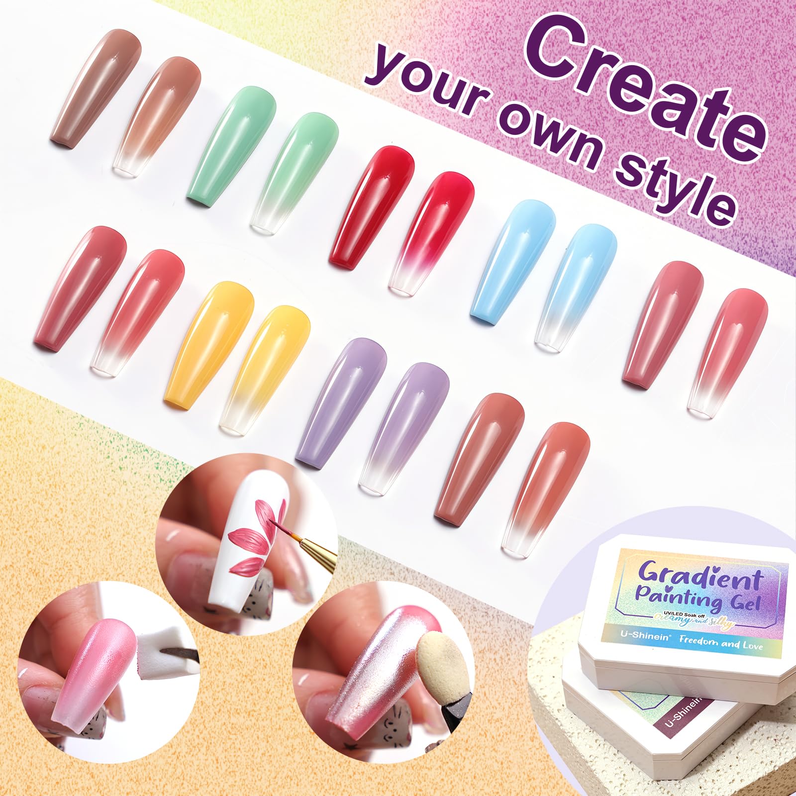 U-Shinein Gradient Painting Gel, 9 Colors Ombre Gel Nail Polish with 100Pcs Nail Sponges & 4 Claws Metal Grabber Sponging for Ombre Nails Aura Nails French Manicure Soak Off UV DIY Nail Art (11) - Image 7
