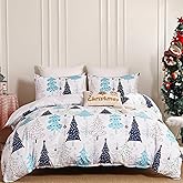 Dobuyly White Christmas Duvet Cover Queen, Blue Red Christmas Tree Pattern Duvet Cover Set, Soft Microfiber Pine Christmas Bedding Set Queen Size Includes 1 Duvet Cover and 2 Pillow Shams