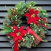 Pinkpuii Pre-Lit Christmas Wreaths for Front Door 24 Inch Christmas Wreath with Lights,Large Winter Wreath with Cardinal Birds,Poinsettia,Green Evergreen Pine Needles Red Berries Holiday Wreath Decor