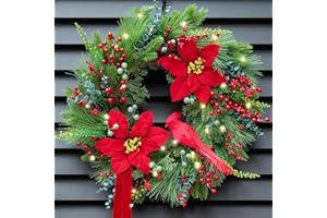 Pinkpuii Pre-Lit Christmas Wreaths for Front Door 24 Inch Christmas Wreath with Lights,Large Winter Wreath with Cardinal Birds,Poinsettia,Green Evergreen Pine Needles Red Berries Holiday Wreath Decor