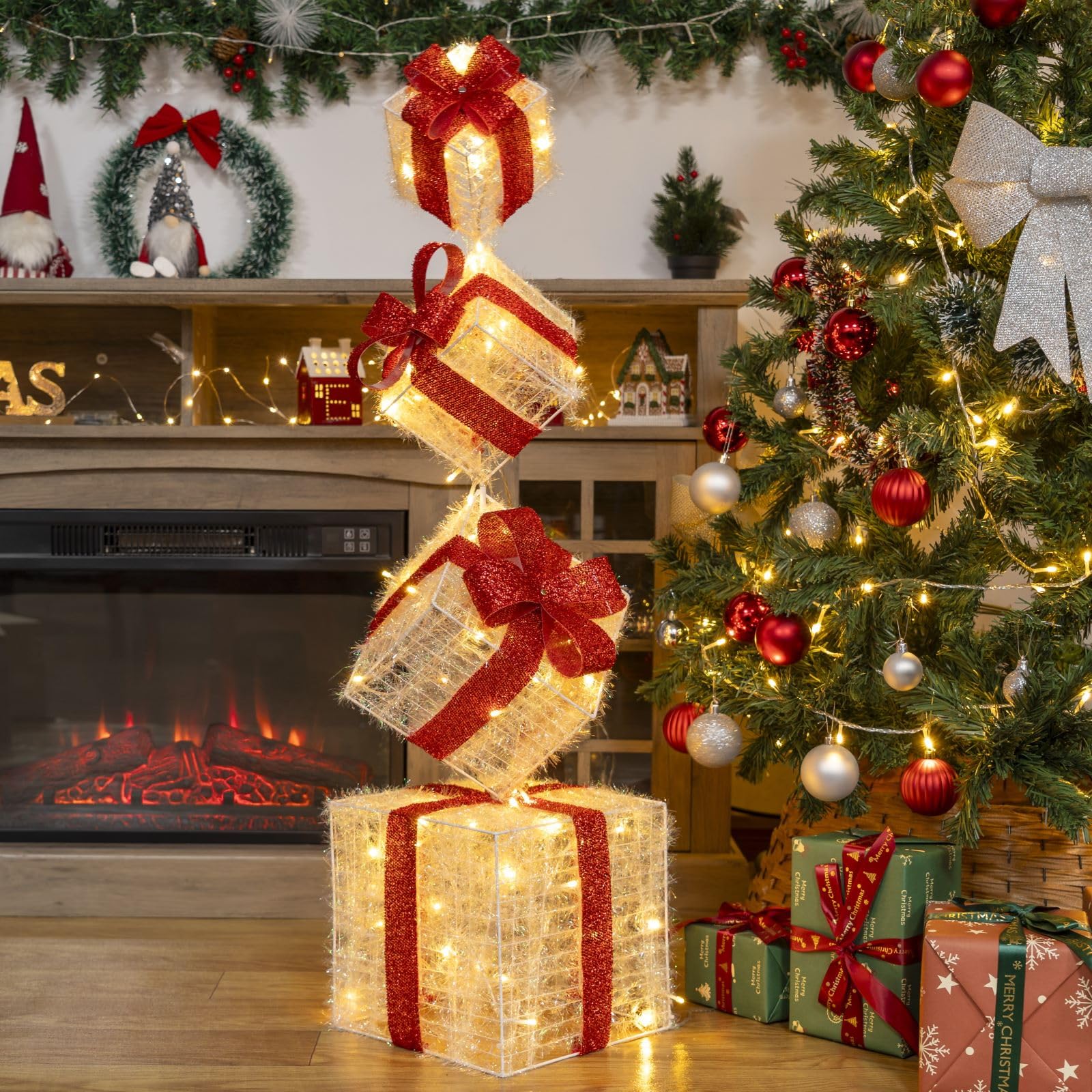 Photo 1 of SANHSEHOME Set of 4 Lighted Gift Boxes, 3.3FT 70 LED Stackable Light Up Present Boxes for Christmas Decorations Indoor Outdoor Yard Lawn Porch Home Decor(4 Pack)