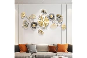 Axioglo Wall Clocks for Living Room Decor,Large Wall Clock,3D Creative Metal Ginkgo Leaf Design,with Silent Movement Wall Clocks for Home Wall Decor Clock（32''x18'' ）
