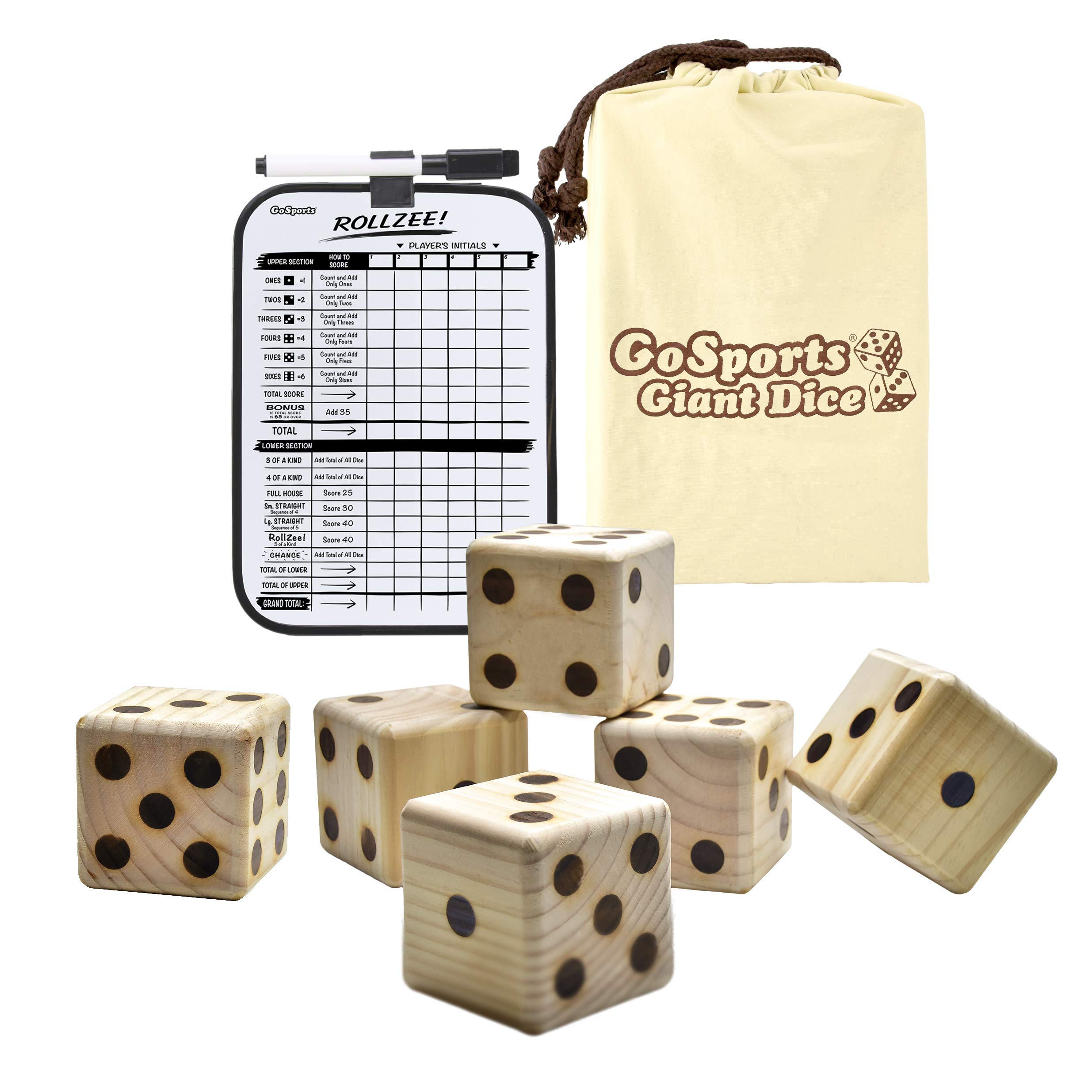 GoSports Giant Wooden Playing Dice Set with Bonus Rollzee and Farkle Scoreboard - Includes 6 Dice, Dry-Erase Scoreboard and Canvas Carrying Bag (Choose 2.5inch Dice or 3.5inch Dice)