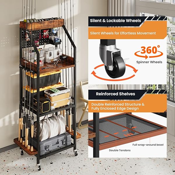 KITIVIALA FISHING ROD HOLDER FOR GARAGE WITH HOOKS & PEGBOARD, 3-TIER FISHING POLE RACK HOLDS 12 RODS, ROLLING FISHING ROD STORAGE ORGANIZER WITH WOODEN TOOL BOX, FISHING TACKLE SHELF FOR ANGLERS