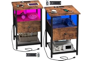 HDDDZSW LED Nightstands Set of 2 with Charging Station, Bedside Tables with USB Ports and Outlets, End Table with Fabric-Wood 2-in-1 Drawer for Small Spaces, Vintage Side Table for Bedroom,Living Room