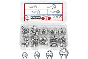 AIMUNOK Wire Rope Clip Assortment Kit |304 Stainless Steel Clamps | 1/16",1/4", 1/8",3/16",Multi-Size Pack (28Pcs)