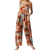 Himosyber Women's Patchwork Dual Pocket Jumpsuit Loose Floral Print Bohemian Wide Leg Bib Overall
