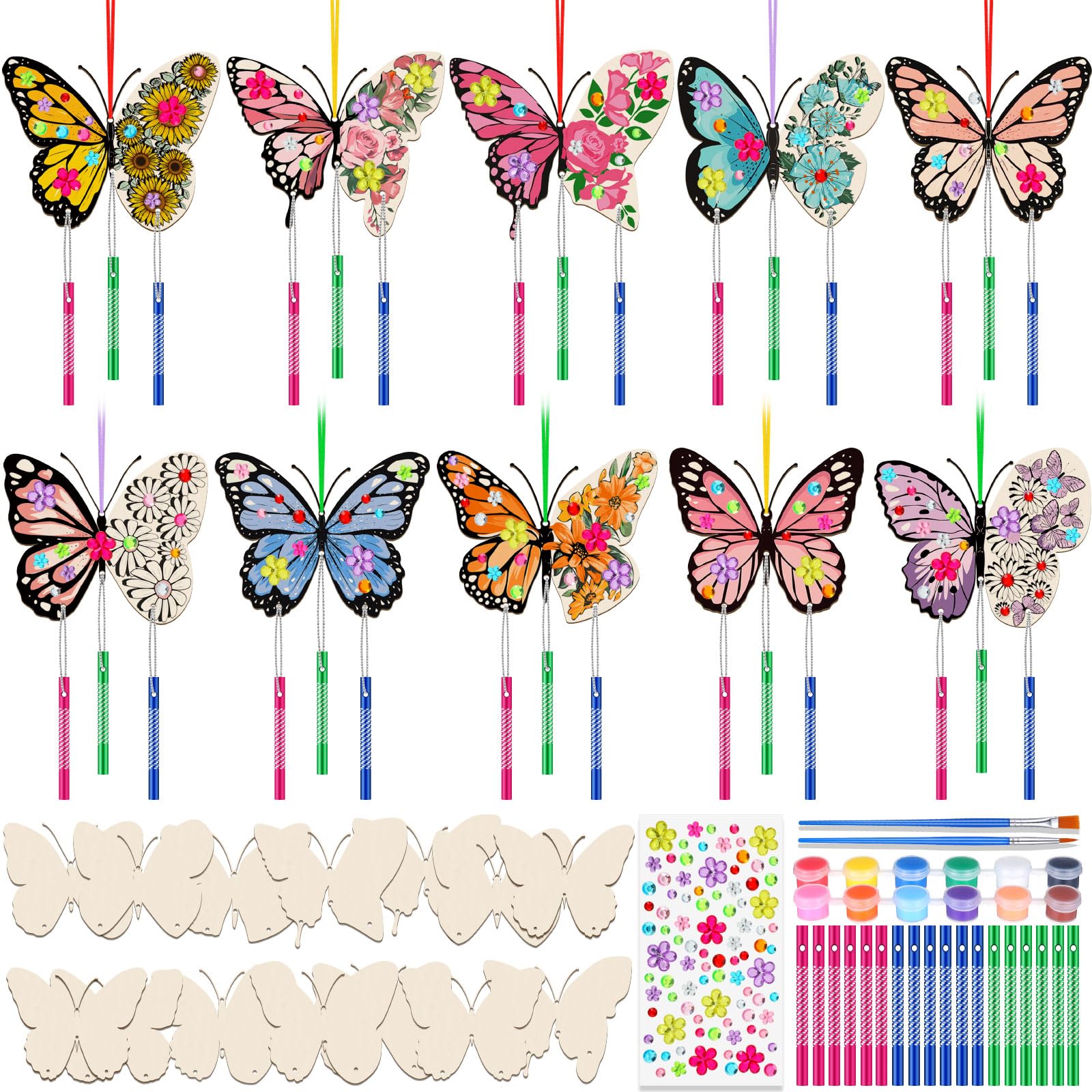 Photo 1 of Colingmill 30 Pack Butterfly Wind Chime Kit Make You Own Butterfly Crafts Wind Chimes Outdoors Decorative DIY Coloring Wooden Crafts for Gift Art Room Birthday Spring Party Favors