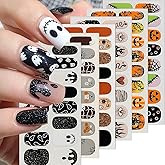 6 Sheets Halloween Gel Nail Stickers Cute Ghost Pumpkin Nail Wraps Sticker Spider Web Nail Polish Strips Black Gold Glitter Design Self Adhesive Nail Art Stickers Full Wrap Gel Nail Decals for Women