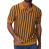 iWoo Men's Knit Polo Shirts Short Sleeve Casual Vintage Striped Golf Polo Classic Collared T Shirt