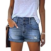 luvamia Women's Ripped High Waisted Denim Shorts Stretchy Cuffed Hem Jean Shorts