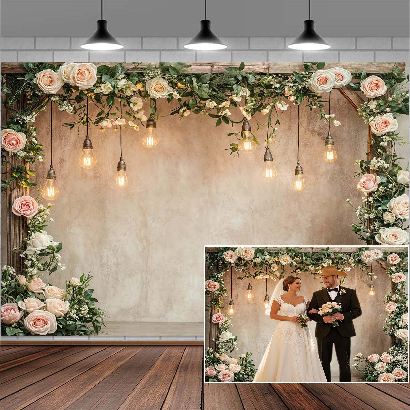 Photo 1 of 10x8ft Country Wedding Photography Backdrop Floral Rustic Roses Farmhouse Wooden Door Backdrop Pink Flower Birthday Baby Shower Wedding Bridal Party Banner Photo Booth Props Anniversary Background