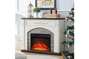 BOSHIRO 44Inch Electric Fireplace with Mantel, Fireplace Mantel with Stacked Stone Surround, Freestanding Fireplace Heater with LED Flame,White Corner Firebox with 23" Fireplace Insert for Bedroom,Living Room